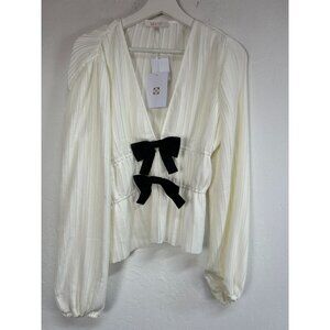 WAYF Womens Deep V-Neck Pleated Front Bow Top Medium Ivory Blouson Sleeve New